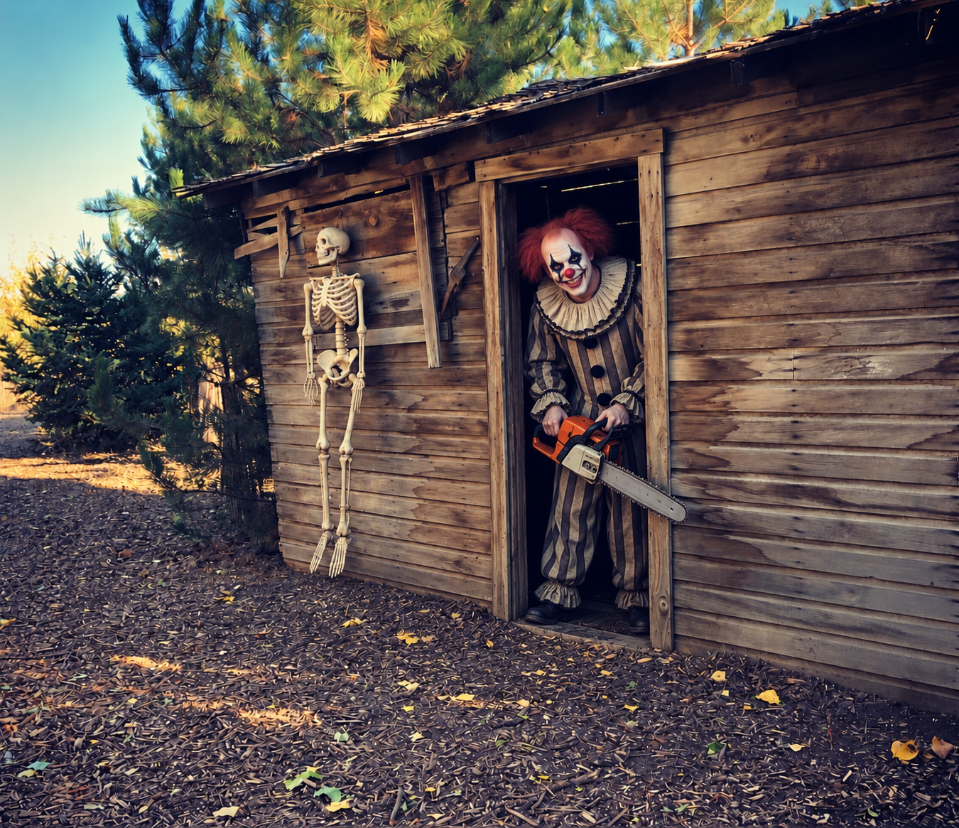 Edited photo of a clown holding a prop chainsaw in a Haunted Forest shack